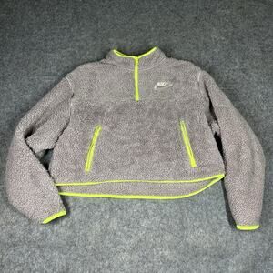 Nike Jacket Women’s L Deep Pile Shaggy Swoosh Fleece Sherpa Crop Pullover Neon